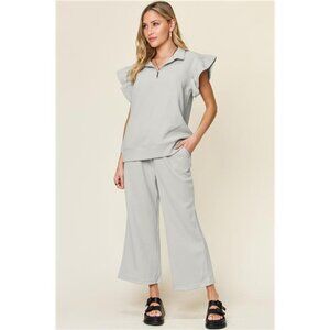 Double Take Texture Ruffle Short Sleeve Top and Drawstring Wide Leg Pants Set